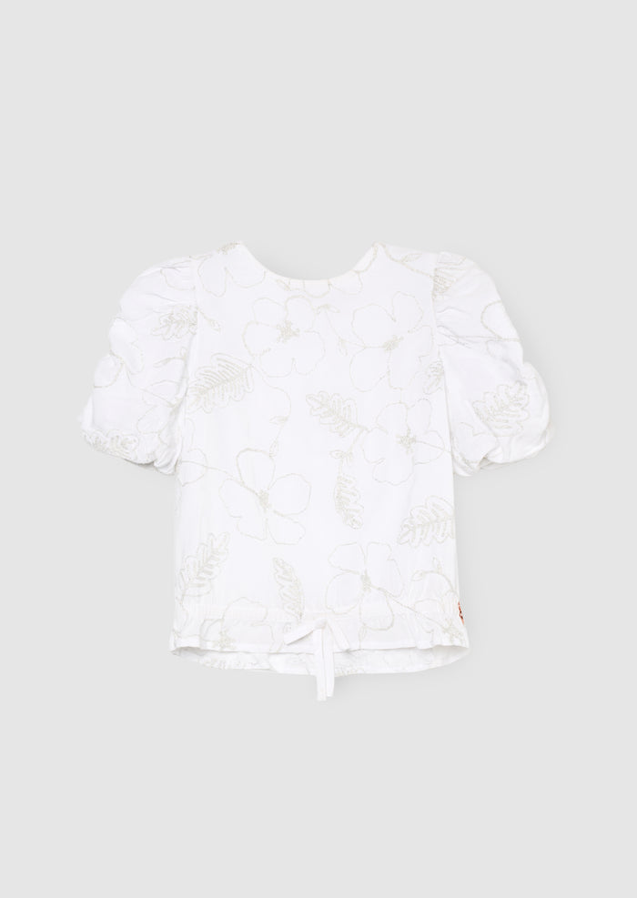 Dahlia Floral Embroidered Tie Waist Puff Sleeve Top