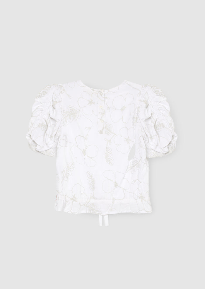 Dahlia Floral Embroidered Tie Waist Puff Sleeve Top