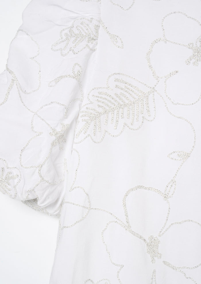 Dahlia Floral Embroidered Tie Waist Puff Sleeve Top