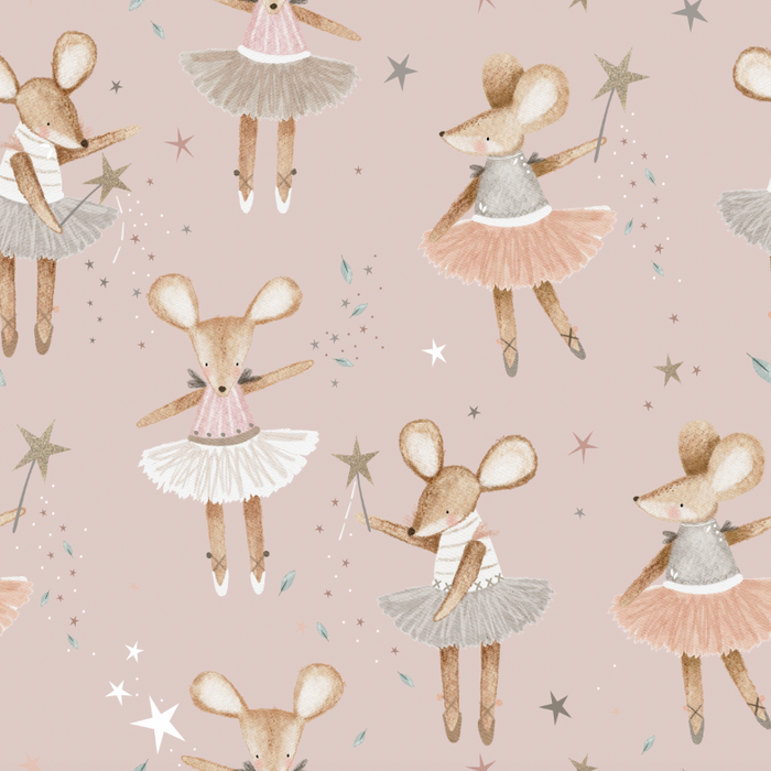 Pattern of ballerina mice in tutus on a light pink background with stars.