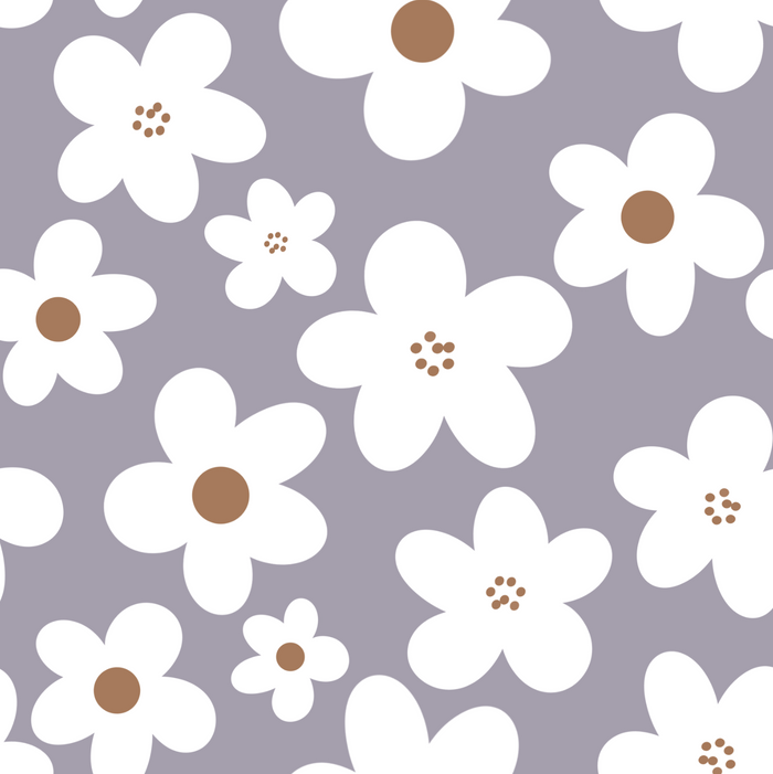 A repeating floral pattern featuring large and small white flowers with brown centers on a light lavender-gray background.
