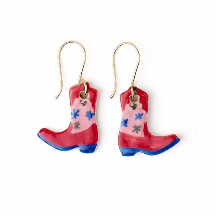 Danielle Cowgirl Boot Ceramic Earrings Pink + Blue Dangle