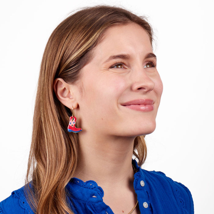 Danielle Cowgirl Boot Ceramic Earrings Pink + Blue Dangle