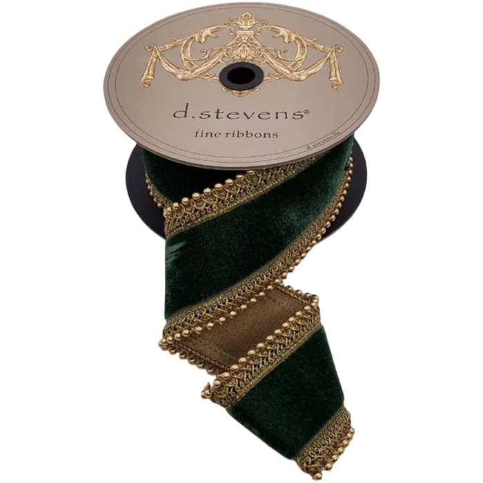 D. Stevens dark green velvet ribbon with antique gold beaded trim, 2.5 inches wide and sold by the yard.