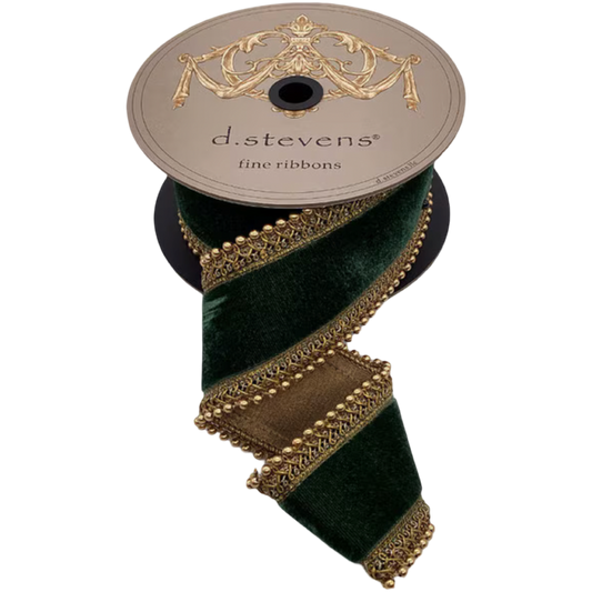 D. Stevens dark green velvet ribbon with antique gold beaded trim, 2.5 inches wide and sold by the yard.