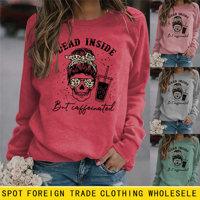Dead Inside But Caffeinated Skull Print Round Neck Long-sleeved Sweater Women