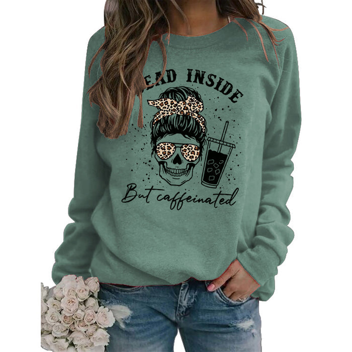 Dead Inside But Caffeinated Skull Print Round Neck Long-sleeved Sweater Women