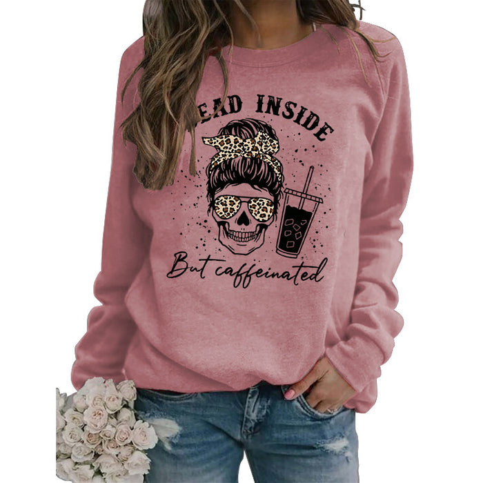 Dead Inside But Caffeinated Skull Print Round Neck Long-sleeved Sweater Women