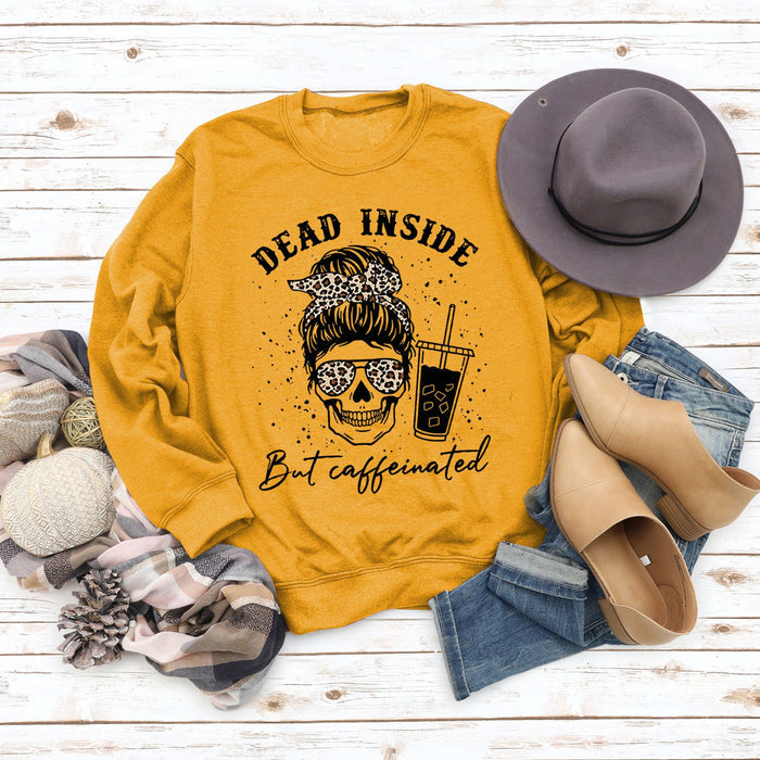 Dead Inside But Caffeinated Skull Print Round Neck Long-sleeved Sweater Women