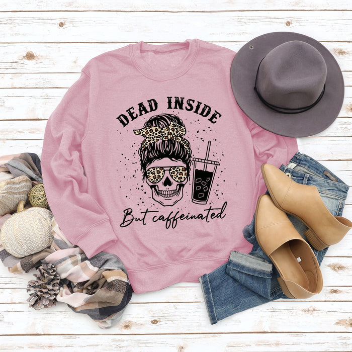 Dead Inside But Caffeinated Skull Print Round Neck Long-sleeved Sweater Women