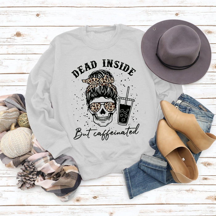 Dead Inside But Caffeinated Skull Print Round Neck Long-sleeved Sweater Women