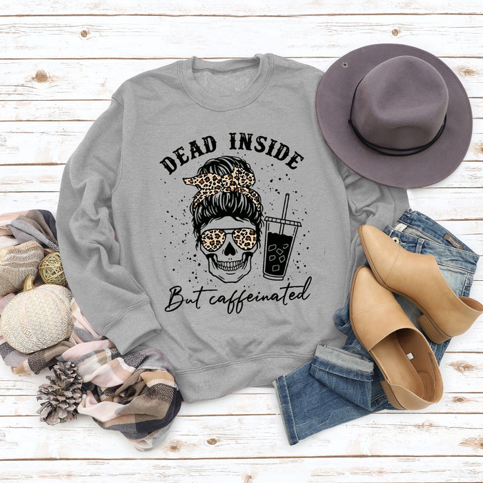 Dead Inside But Caffeinated Skull Print Round Neck Long-sleeved Sweater Women
