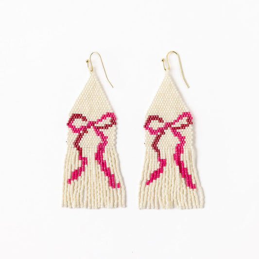 Delilah Pink Bow Beaded Fringe Earrings Ivory Fringe