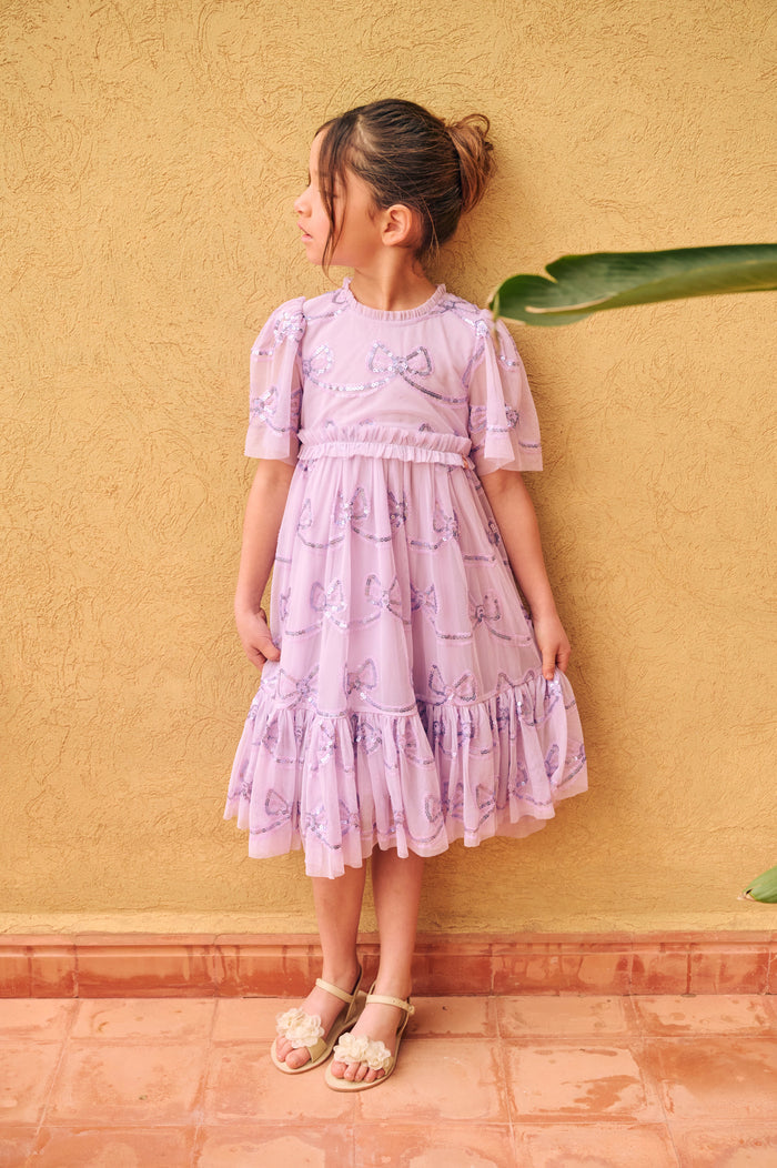 Delta Purple Bow Sequin Mesh Dress