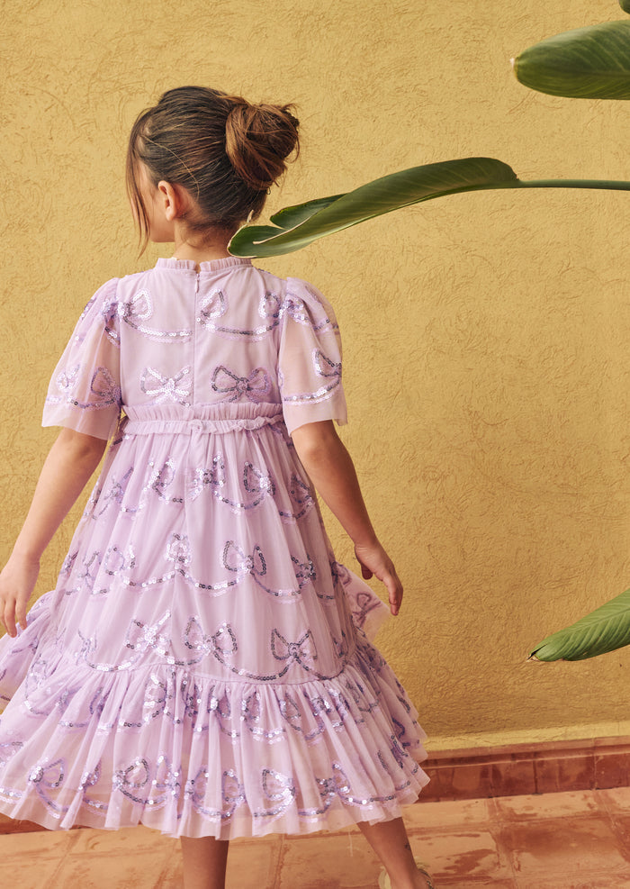 Delta Purple Bow Sequin Mesh Dress
