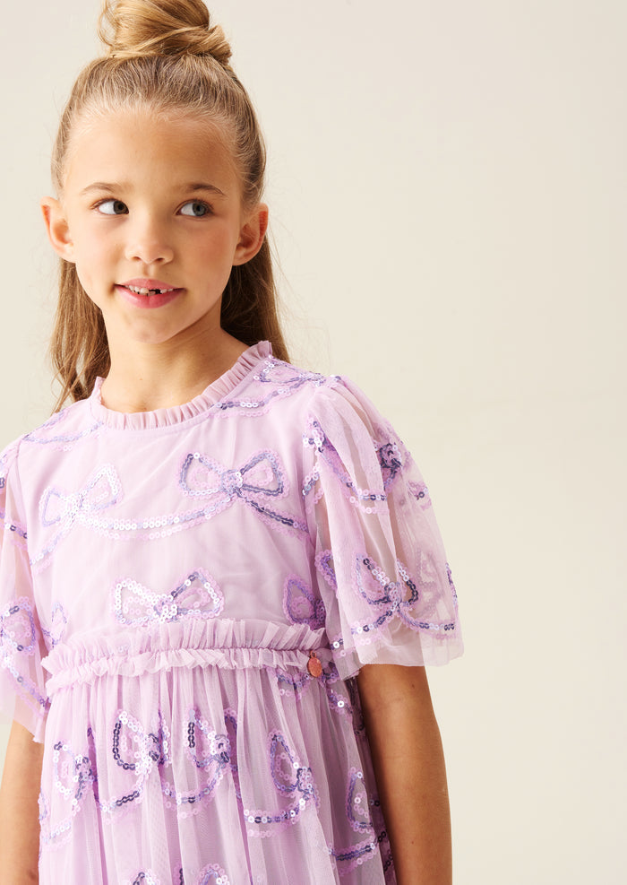 Delta Purple Bow Sequin Mesh Dress