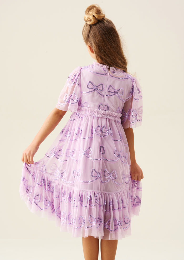 Delta Purple Bow Sequin Mesh Dress