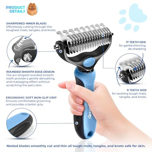 Dematting Comb with Extra Wide Double-Sided Stainless Steel Teeth for Detangling Dog Combs Pet Clever