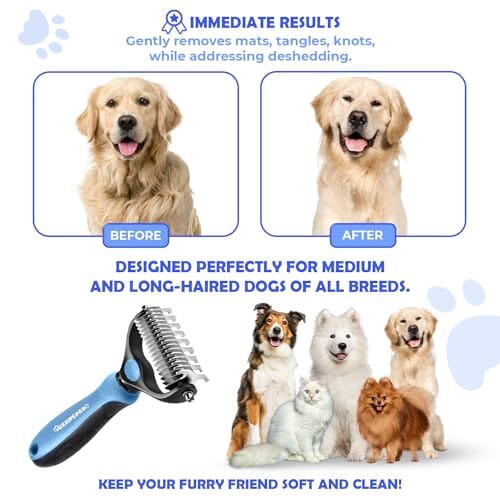 Dematting Comb with Extra Wide Double-Sided Stainless Steel Teeth for Detangling Dog Combs Pet Clever
