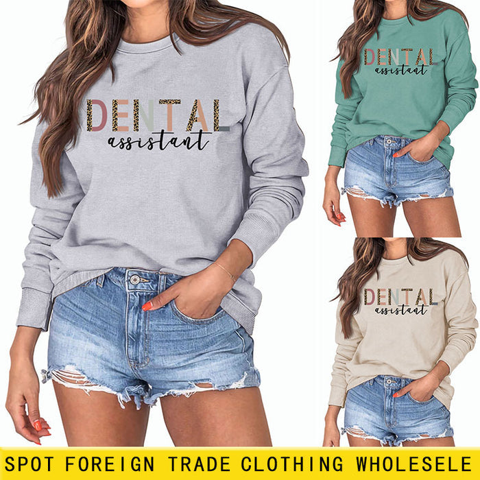 DENTAL ASSISTANT Leopard Letter Loose Casual Fall/Winter Plus Size Long Sleeve Sweater Girl