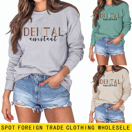 DENTAL ASSISTANT Leopard Letter Loose Casual Fall/Winter Plus Size Long Sleeve Sweater Girl