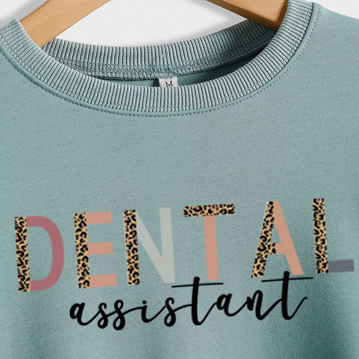 DENTAL ASSISTANT Leopard Letter Loose Casual Fall/Winter Plus Size Long Sleeve Sweater Girl