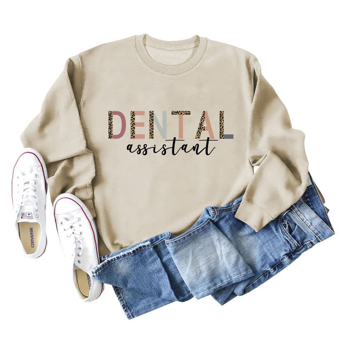 DENTAL ASSISTANT Leopard Letter Loose Casual Fall/Winter Plus Size Long Sleeve Sweater Girl