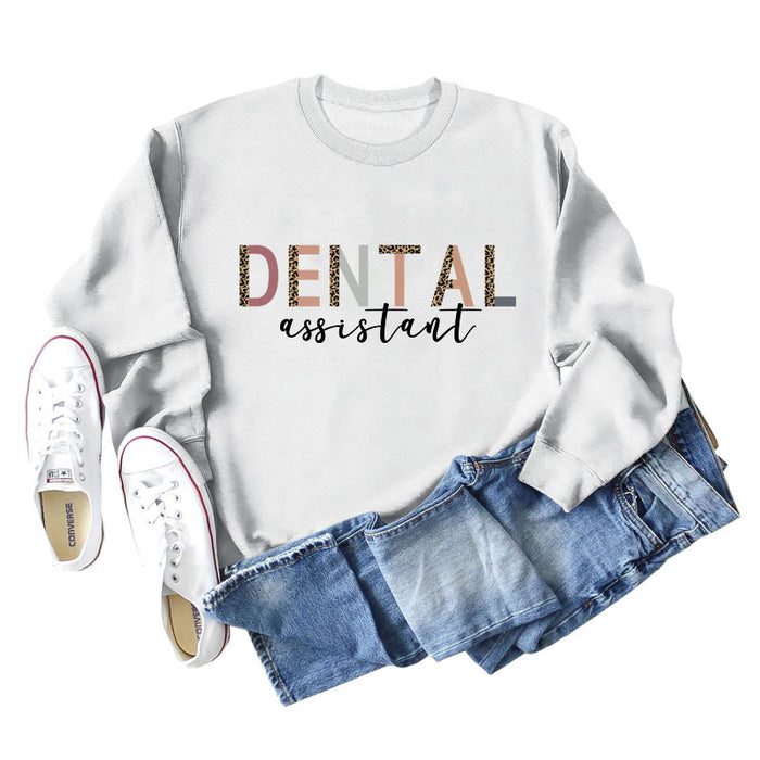 DENTAL ASSISTANT Leopard Letter Loose Casual Fall/Winter Plus Size Long Sleeve Sweater Girl