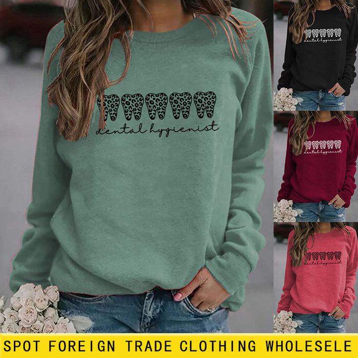 Dental Hygienist Letter Leopard Print Long Sleeve Round Neck Sweater