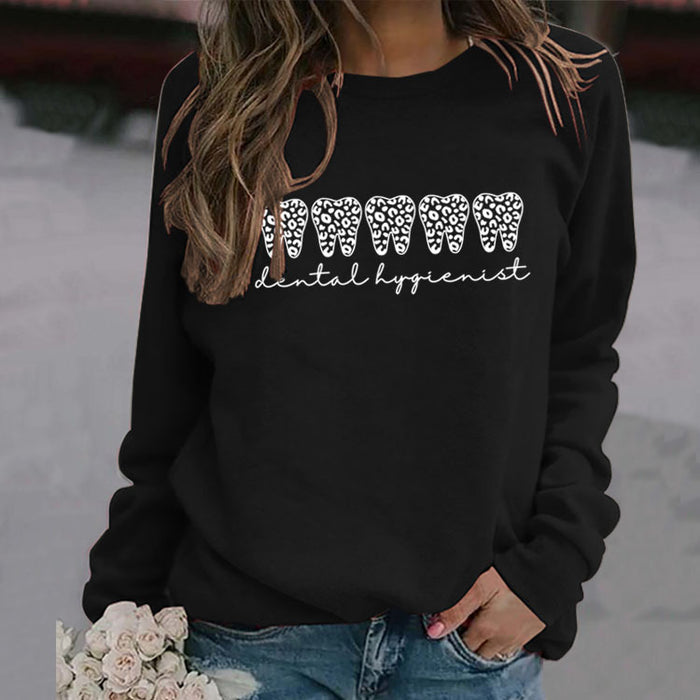 Dental Hygienist Letter Leopard Print Long Sleeve Round Neck Sweater