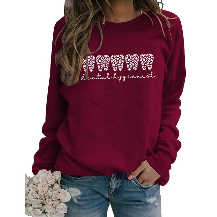 Dental Hygienist Letter Leopard Print Long Sleeve Round Neck Sweater