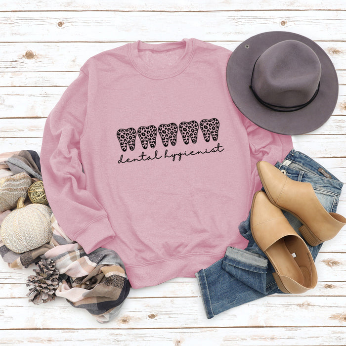 Dental Hygienist Letter Leopard Print Long Sleeve Round Neck Sweater