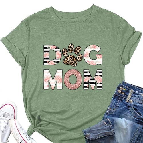 Dog MOM Tees Women Leopard Footprints Graphic Shirt