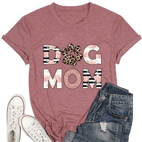 Dog MOM Tees Women Leopard Footprints Graphic Shirt