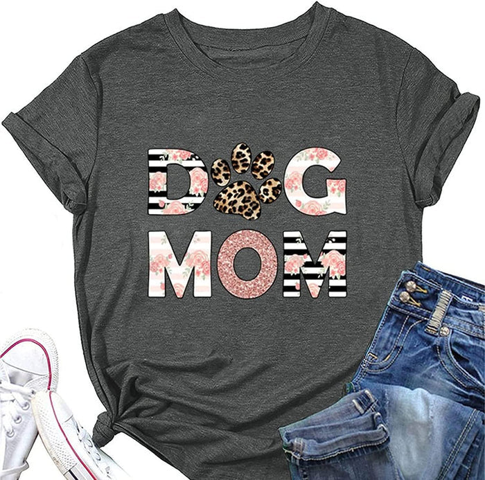 Dog MOM Tees Women Leopard Footprints Graphic Shirt