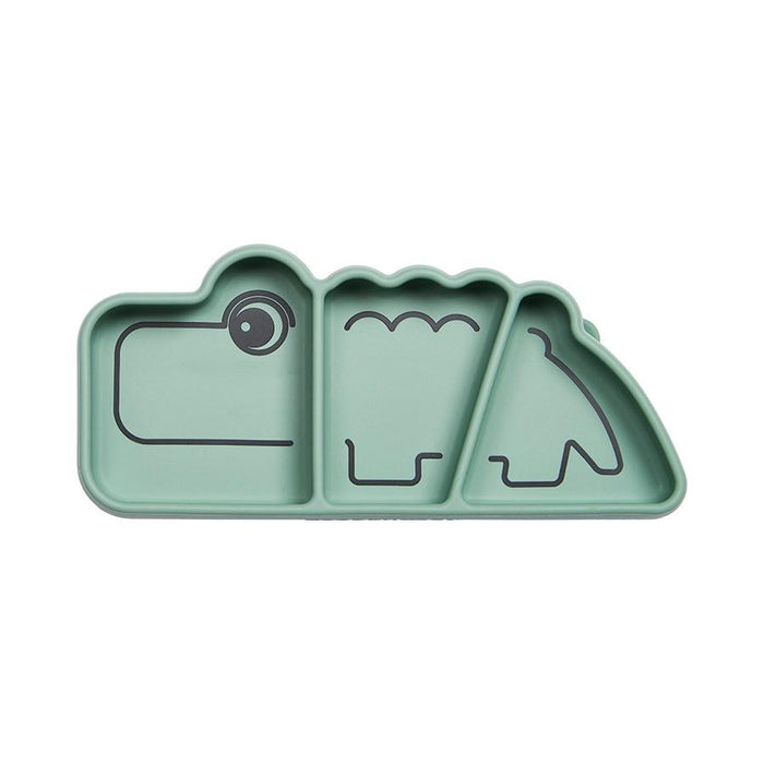 Green crocodile-shaped silicone snackplate from Done by Deer Snake Stick & Stay Croco Green perfect for baby strollers