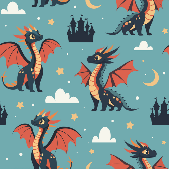 Pattern of dragons, castles, and celestial elements on a blue background