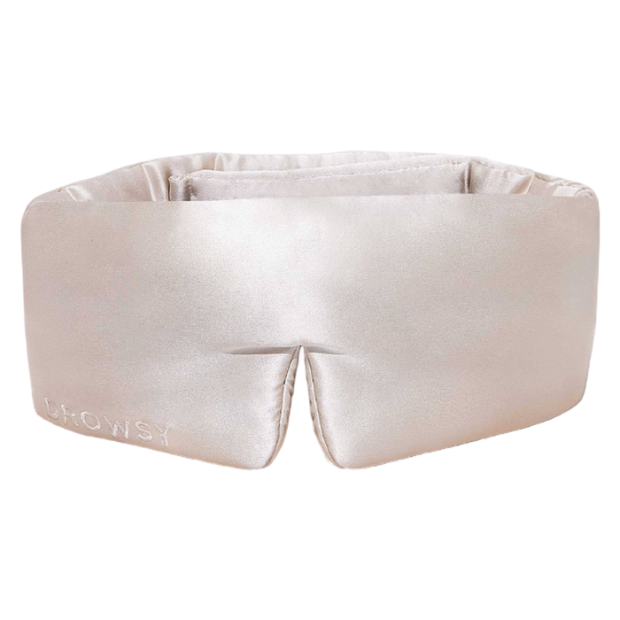 drowsy sleep mask, silk sleep mask, gold silk mask, dusty gold sleep mask, mulberry silk eye mask, blackout sleep mask, padded sleep mask, beauty sleep essentials, nighttime skincare tools, luxury sleep accessories, travel sleep mask, wellness essentials