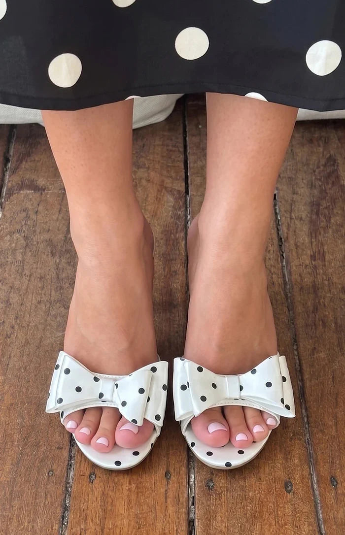 Eden White Polka Dot Bow Front Heeled Mules