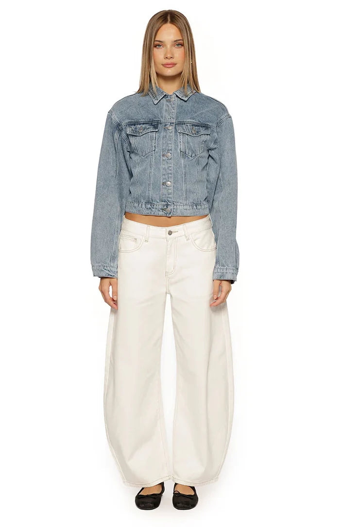 Elana Mid Wash Cinched Waist Denim Jacket