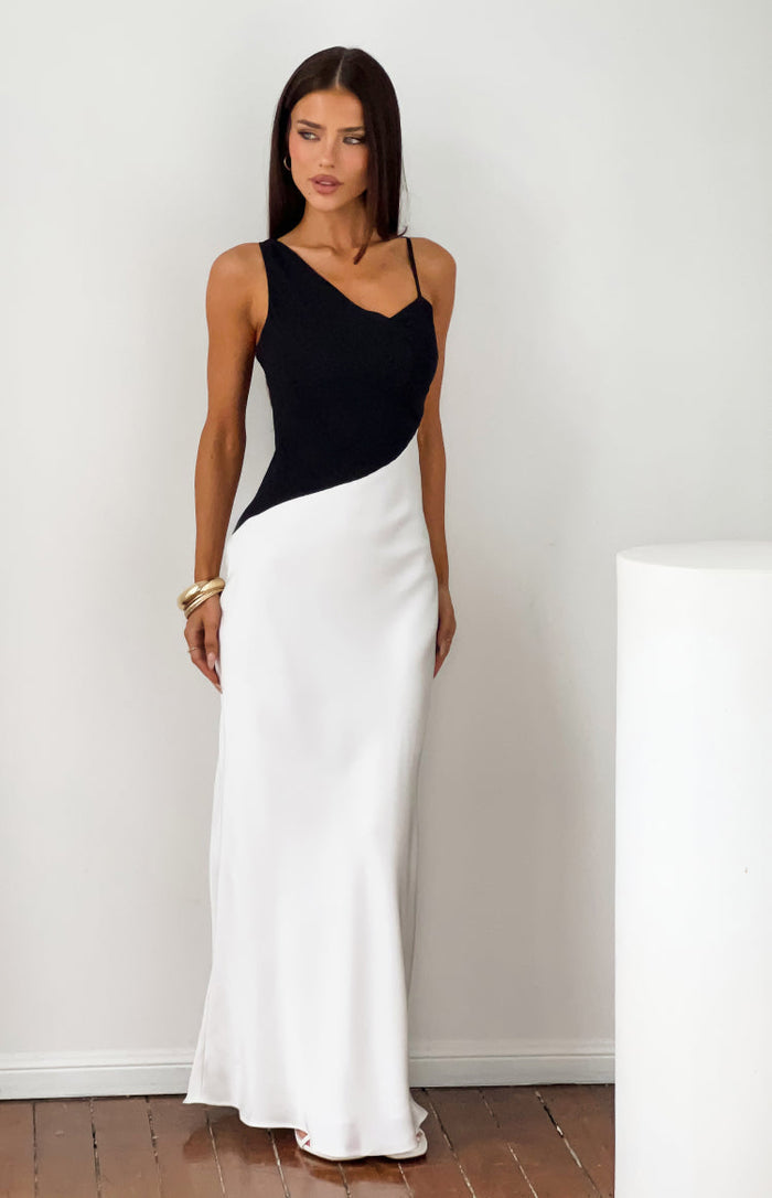 Beginning Boutique Elise Black Satin Cowl Front Formal Maxi Dress black and white colour block satin maxi with asymmetric cow