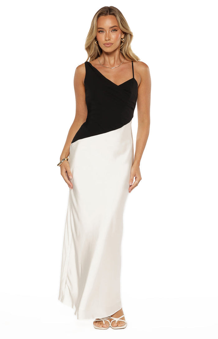Beginning Boutique Elise Black Satin Cowl Front Maxi Dress black and cream two-tone satin maxi dress with asymmetric cowl front and thin strap