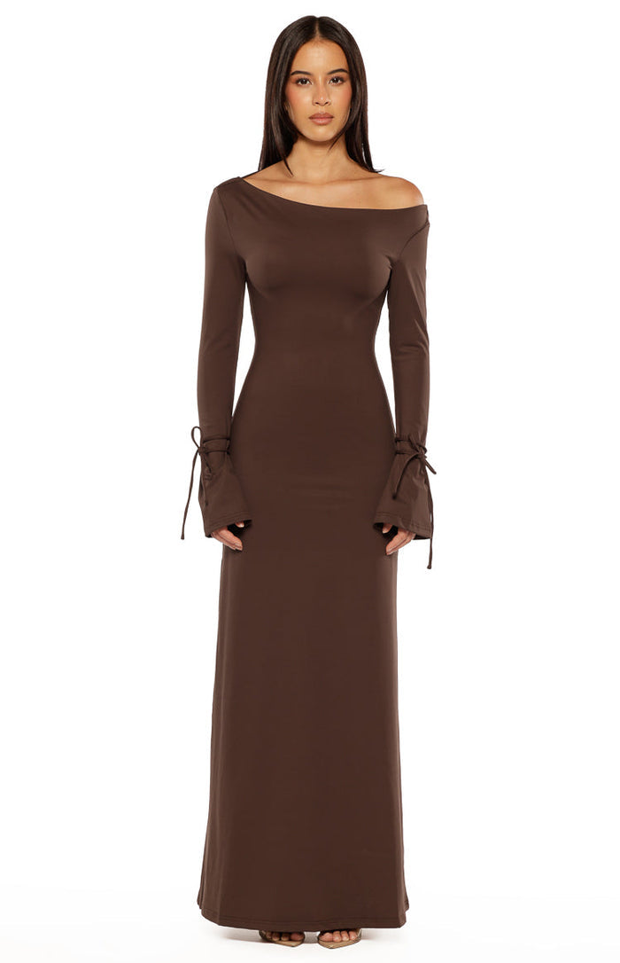 Chocolate jersey maxi dress with an off-shoulder neckline and long sleeves with tie details at the cuffs