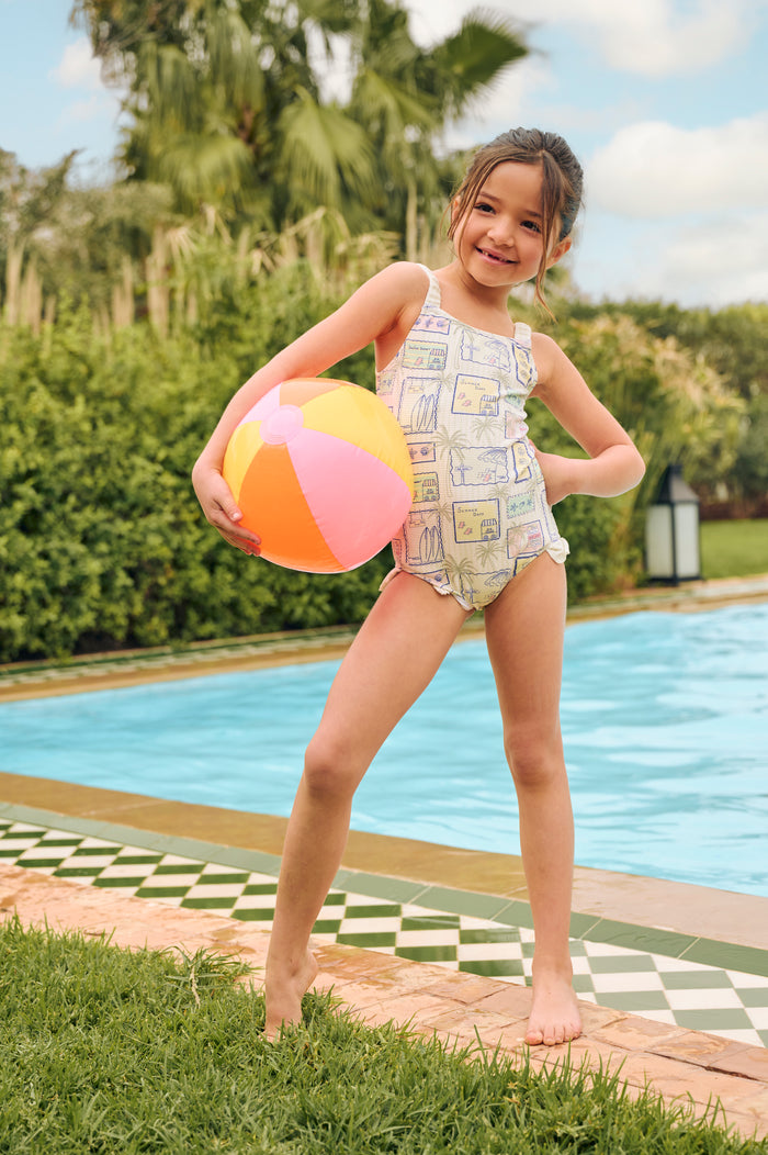Emmie Postcard Print Frill Detail Swimsuit