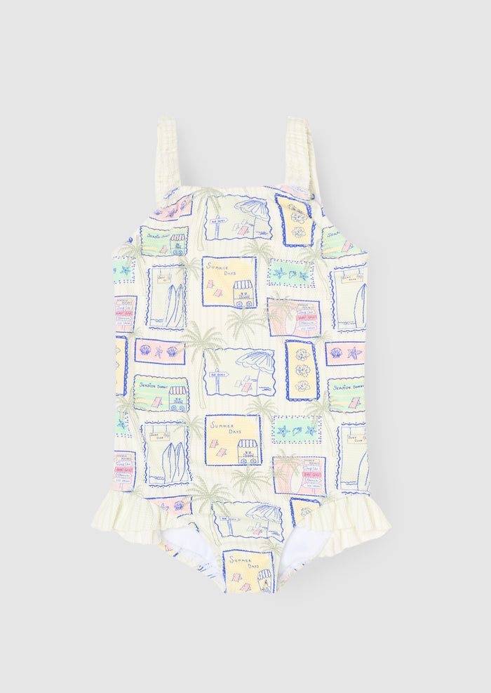 Emmie Postcard Print Frill Detail Swimsuit