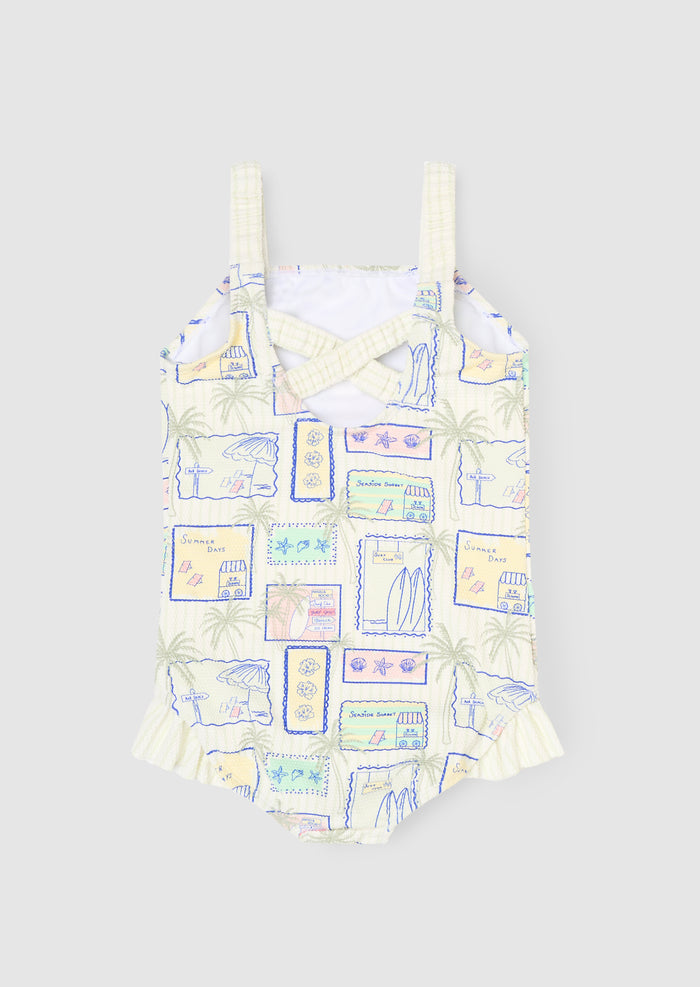 Emmie Postcard Print Frill Detail Swimsuit
