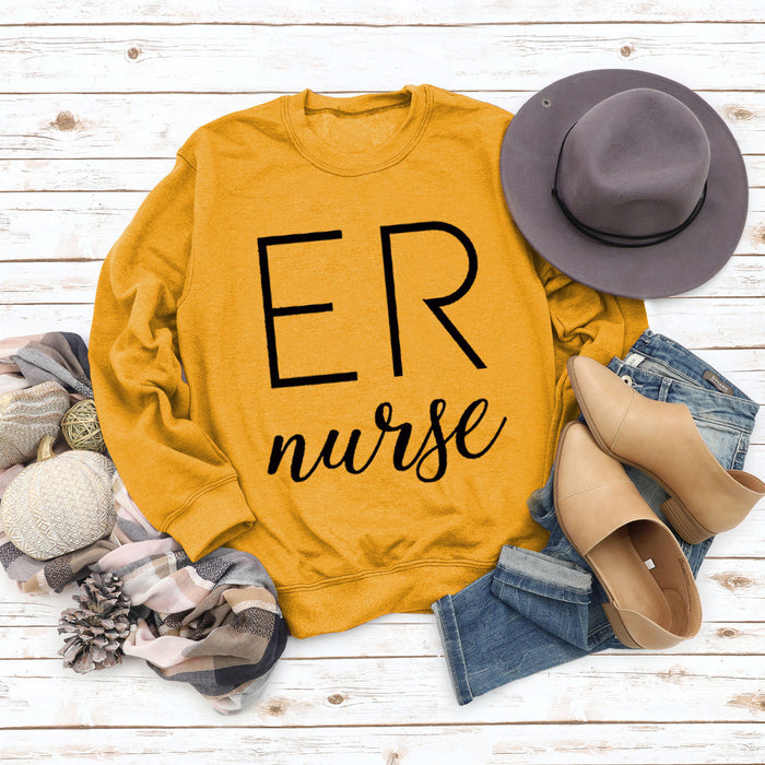 ER Nurse Round Neck Fashion Letter Tops Long Sleeve Women's Print Loose Sweatshirt