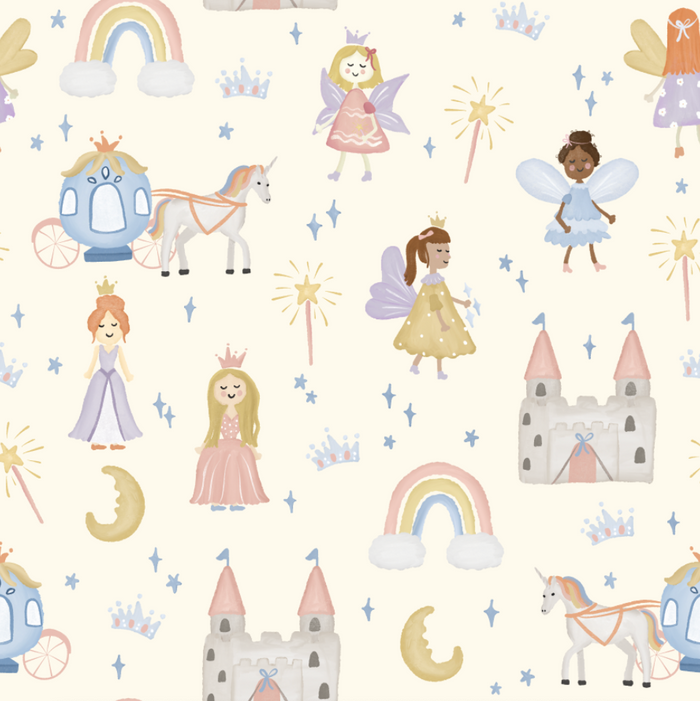 Children's pattern with fairies, castles, unicorns, and rainbows on a light background