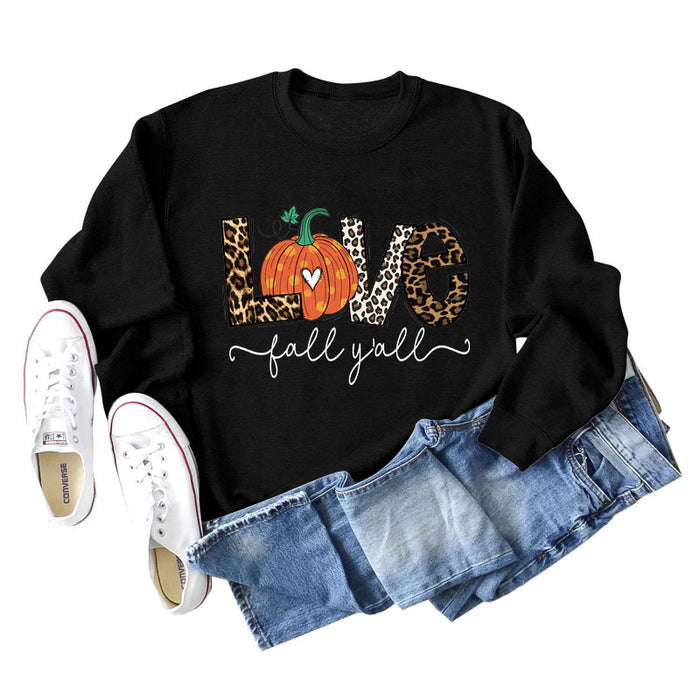 Fall Y'all Letters Pumpkin Leopard Print Halloween Round Neck Loose Long-sleeved Sweater Women