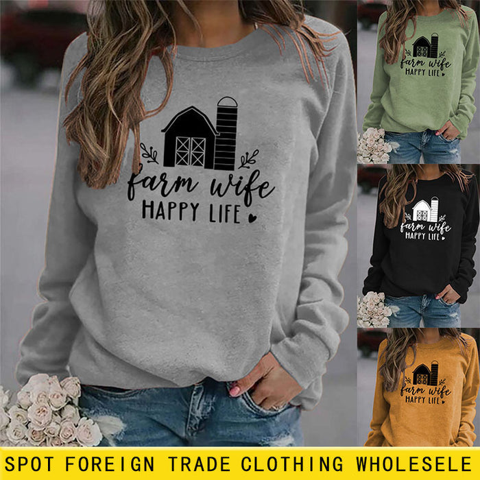 Farm Wife HAPPY Round Neck Women Long Sleeve Printed Sweater